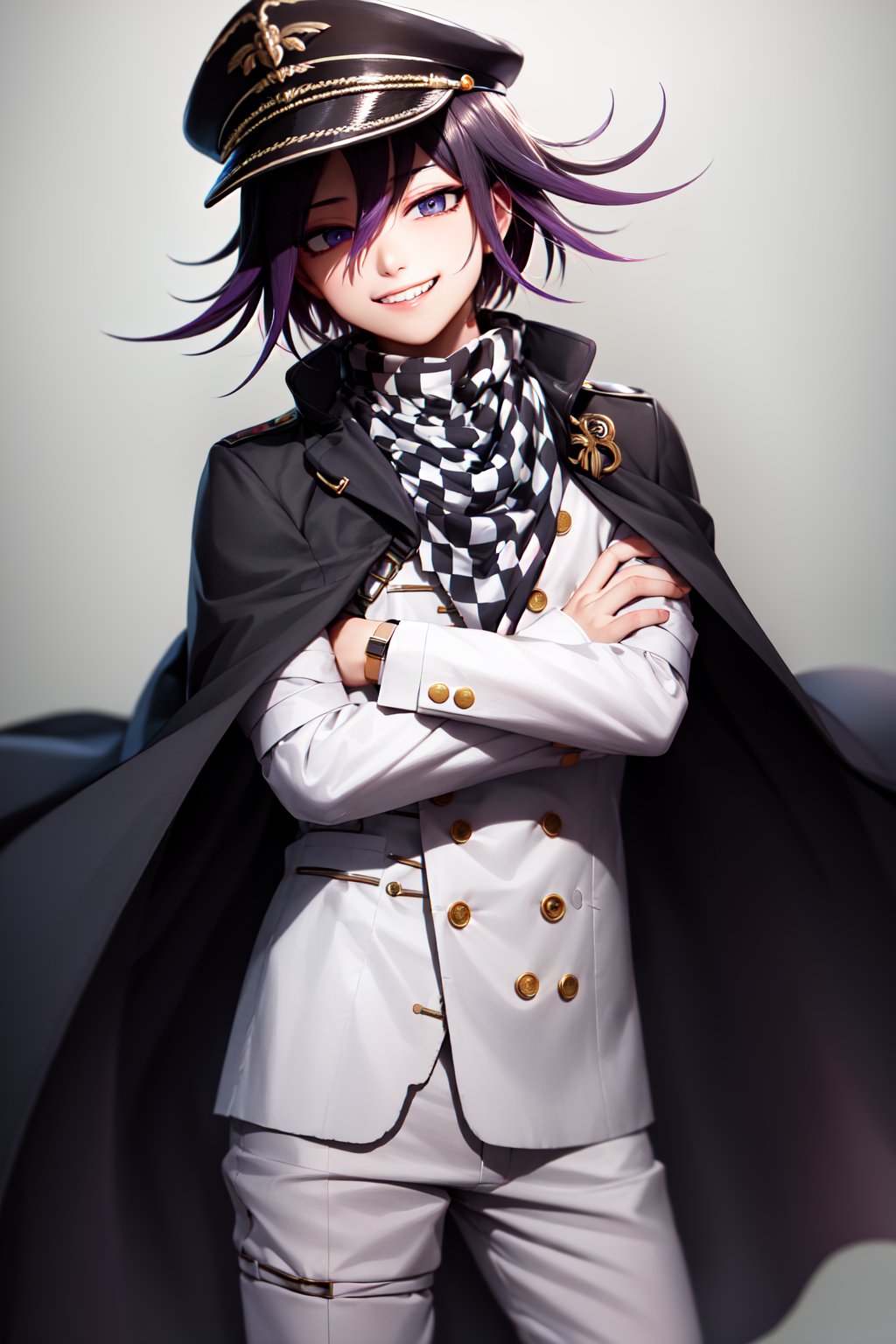 00083-3722443754-(masterpiece, best quality_1.2), , cowboy shot, solo, male focus, 1boy, oma kokichi, grin, looking at viewer, crossed arms, peak.jpg